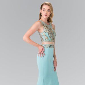 NEW LONG SLEEVELESS SHEATH DRESS EMBROIDERED WITH LACE AND RHINESTONES GL2248